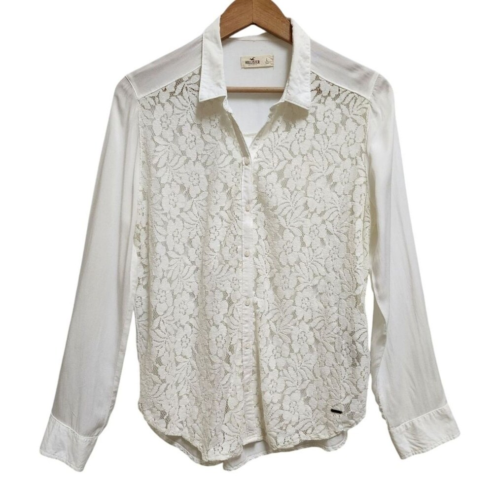 Hollister Top Women Size L White Floral Lace Front Button Up Long Slv Sheer Boho